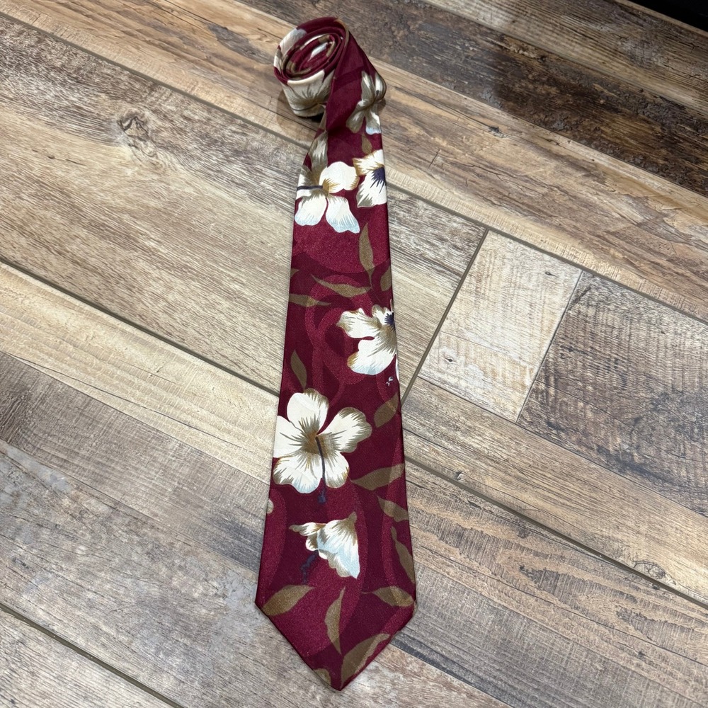 Stringbeans Mens Burgundy Floral Hibiscus Tropical Polyester Necktie USA‎ Made